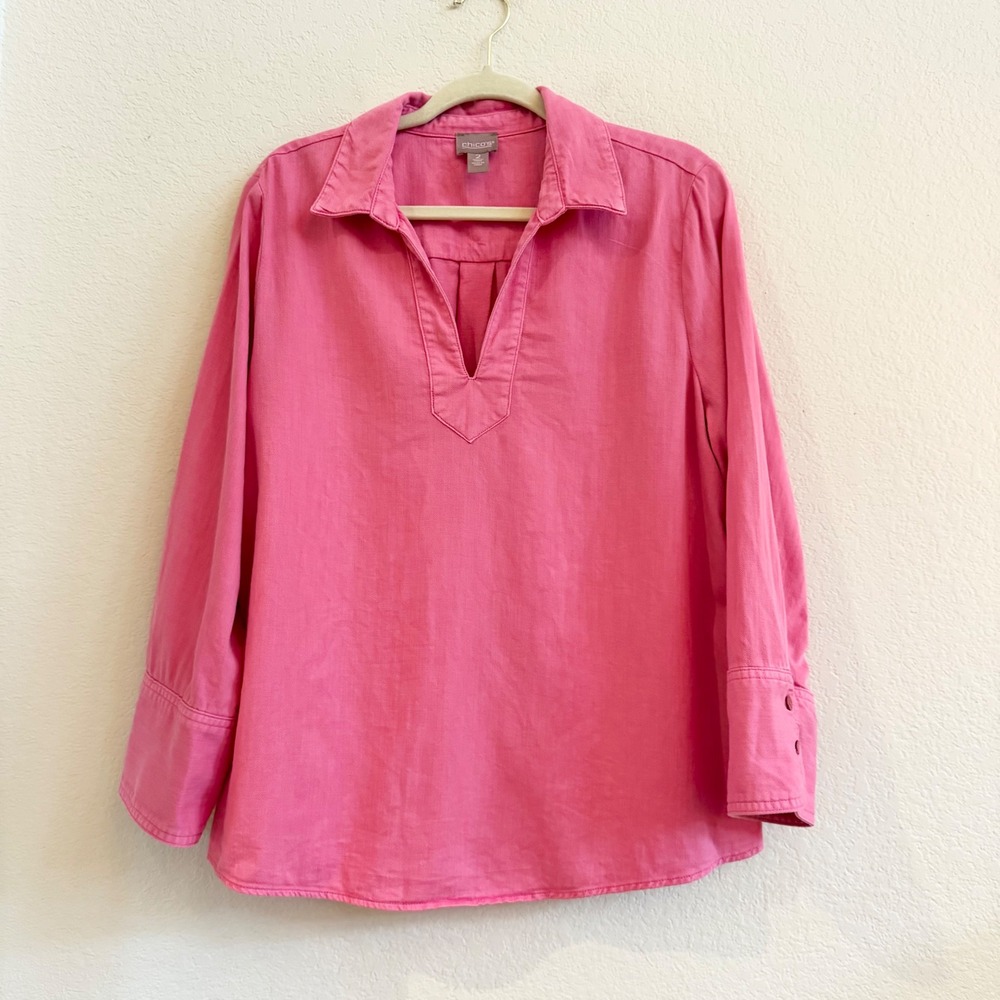 Chicos Pink 100% Cotton Split V-Neck Tunic‎ Blouse Top Size 2 Large Long Sleeve